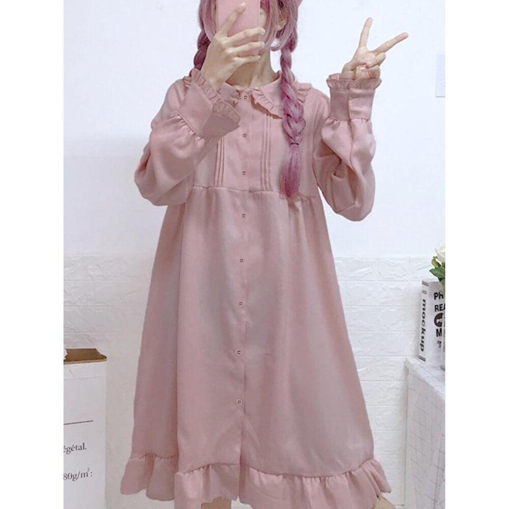 Japanese Lolita Dress Women Girls Kawaii Chiffon Long Sleeve Midi Dress - Picture 2 of 7